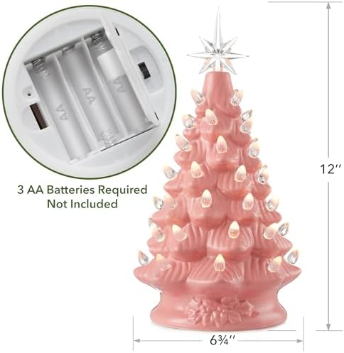 Casafield Hand Painted Ceramic Christmas Tree, Pink 12-Inch Pre-Lit Tree with 100 Multi Color Lights and 2 Star Toppers