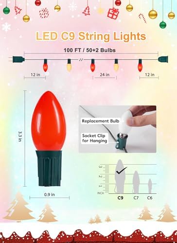 C9 Christmas Lights Outdoor, 100Ft 50 LED Red & Warm White String Lights
