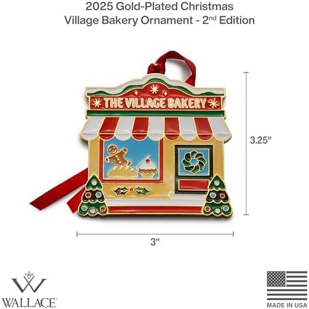 Wallace 2025 Gold-Plated Enamel Christmas Village Bakery Ornament - 2nd Edition Annual Collectible Series - 24K Gold Back, Dated, Gift Box and Velvet Pouch Included