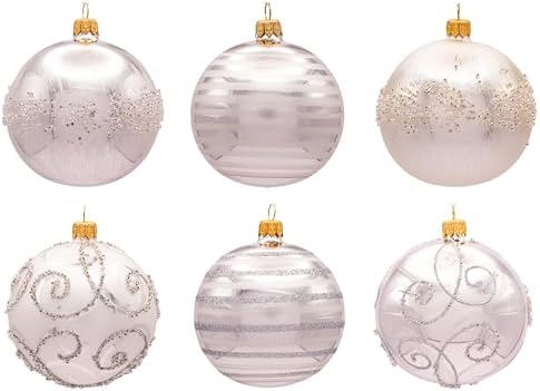 Luxury Handcrafted European Glass Christmas Ball Ornaments - Set of 6 - Silver & White - Satin & Shine - 8 cm - Mouth-Blown & Hand-Painted