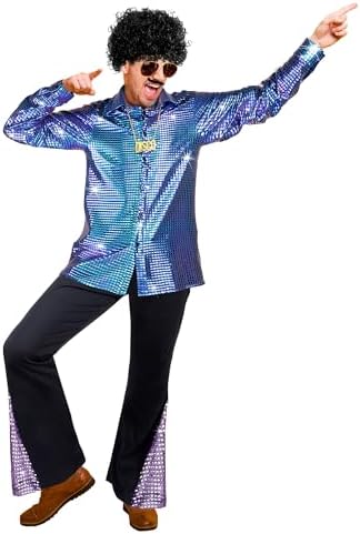 Mepase 6 Pcs Men 70s Disco Outfit Bell Bottom Pants Wig