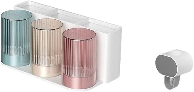 Toothbrush Rack 2PCS Wall Mounted Toothbrush Holder Storage Rack with Mouthwash Cup Automatic Toothpaste Dispenser Squeeze Kit Bathroom Toothbrush Holder(E)