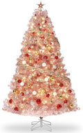 GarveeHome 7.5 ft Prelit Artificial Christmas Tree with 450 Warm White Lights, Pre-Lit Snow Flocked Pencil Christmas Tree, Foldable Base,Holiday Decoration for Home, Office, Party,Rose Gold Tinsel