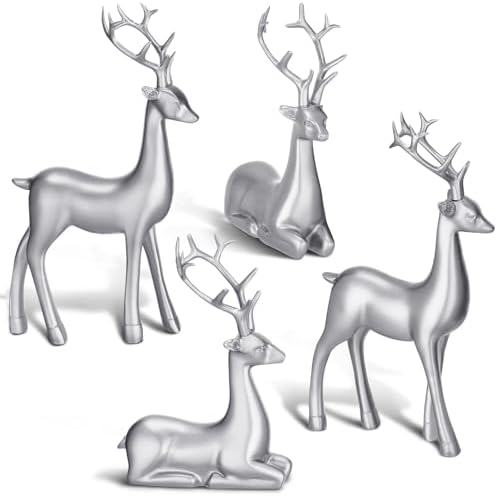 Thyle 4 Pcs Christmas Reindeer Decor Indoor Silver Resin Deer Figurine