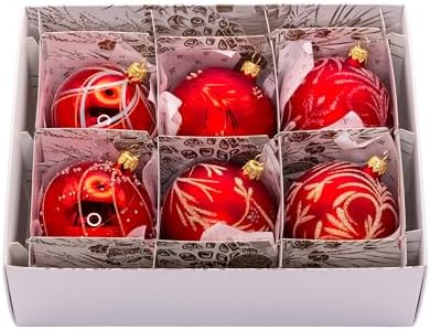 Luxury Handcrafted European Glass Christmas Ball Ornaments - Set of 6 - Red & Gold - 8 cm - Mouth-Blown & Hand-Painted