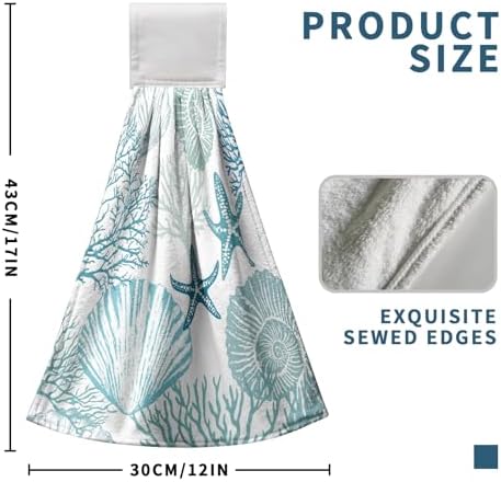 2 Pcs Nautical Coastal Hanging Hand Towels with Loop Summer Beach Blue Starfish Seashell Coral Kitchen Tie Towels Turquoise Teal Fingertip Bath Towel Fast Drying Dish Washcloths