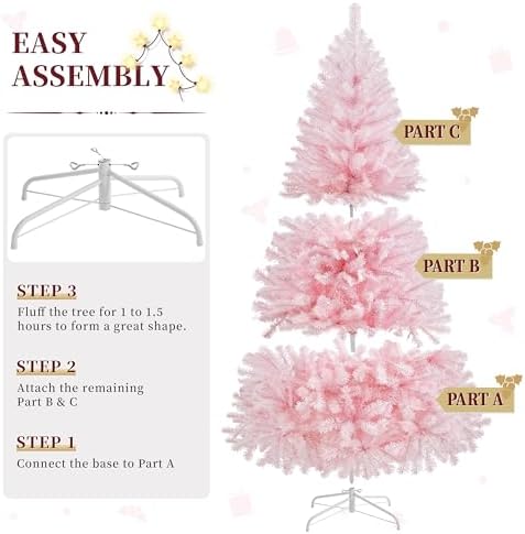 Yaheetech 6ft Pre-lit Christmas Tree with 300 Warm White Lights, Pink