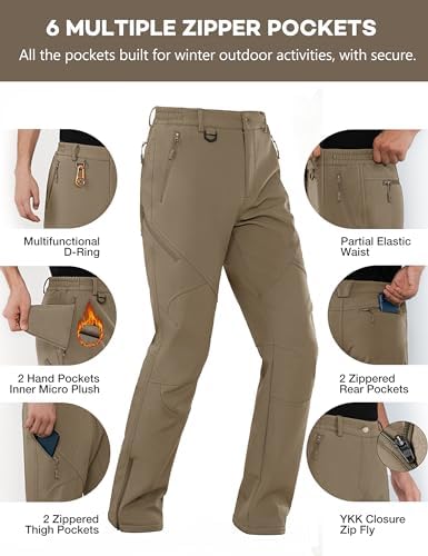Stlight Mens Snow Ski Water Repellent Softshell Pants for Winter Hiking Fleece Lined Bottom Leg Zipper with 6 Zip Pockets
