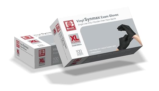 Basic Vinyl Exam Gloves, 4 mil Safty Glove Latex-Free & Powder-Free, SGBE 8004 Synmax Disposable Medical Glove X-Large, Black (Pack of 10,1000 units)