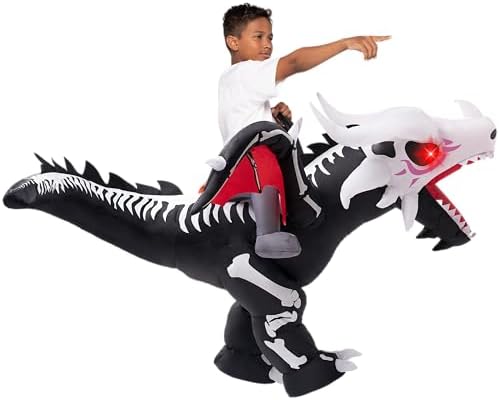 Spooktacular Creations Halloween Dragon Skeleton Inflatable Costume Kids, LED Light Eye Ride on Skeleton Dinosaur Blowup Suit