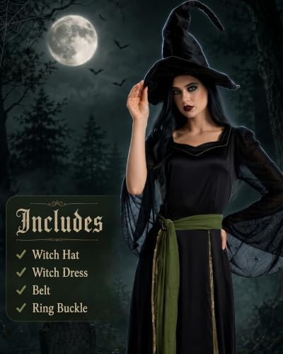 Women’s Witch Costume, Halloween Dress Outfit with Witch Hat and Belt S-2XL