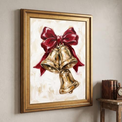 Framed Canvas Wall Art Expressive Painterly Vintage Gold Bells Red Satin Bow and Impasto Textures Canvas Print Poster Gold Frame Wall Decor for Living Room Holiday Decor, Christmas Gift - Inch 8x10