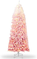 GarveeHome 7.5 ft Prelit Artificial Christmas Tree with RGB & Warm White Lights, Pre-Lit Snow Flocked Pencil Christmas Tree, Foldable Base,Holiday Decoration for Home, Office, Party,Pink Gradient