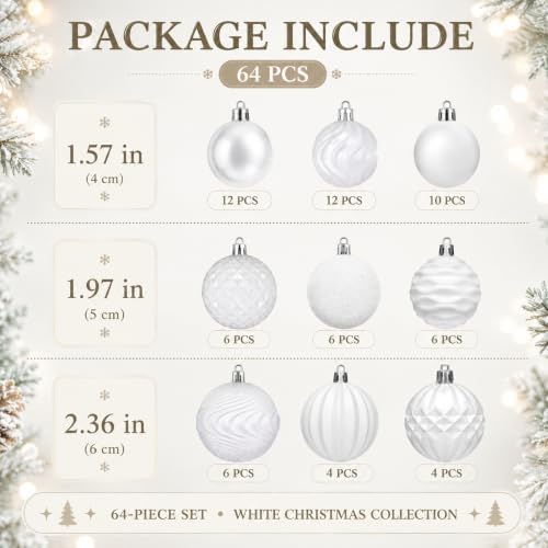 Lunmon 64 Pcs White Christmas Ball Ornaments Modern Xmas Tree Decorations