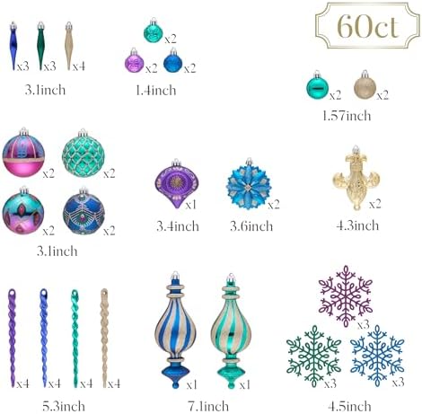 Valery Madelyn Christmas Ball Ornaments, 60ct Peacock Blue Purple Green Shatterproof Christmas Tree Decorations Set, Decorative Hanging Ornaments Bulk for Xmas Holiday Party Decor
