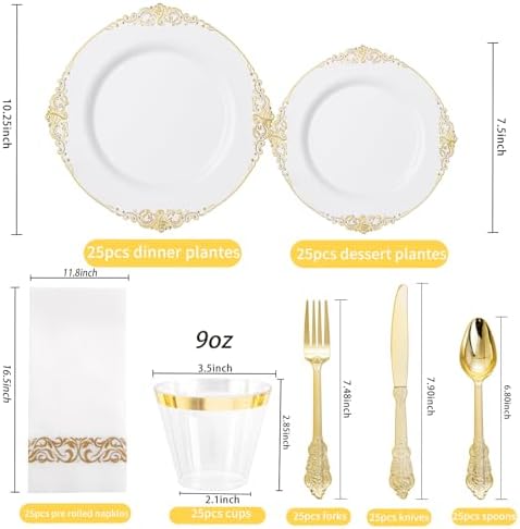 Hioasis 175 Pcs White Gold Plates for Wedding