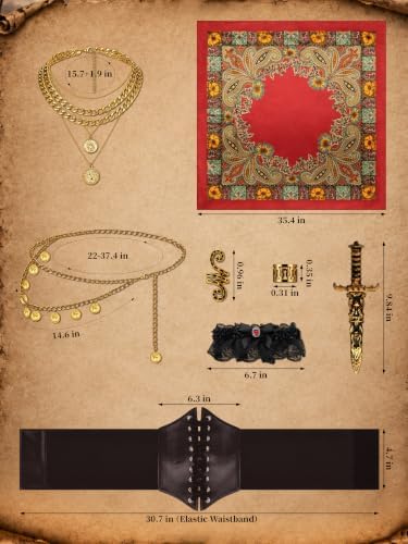 SOMSOC Pirate Costume Women Outfit with Renaissance Pirate Shirt Skirt Corset Waist Belt Accessories Set for Halloween