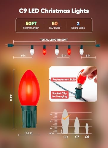 Minetom 50Ft Christmas Lights Outdoor, 50 LED Matte Bulbs, Red|Pure White