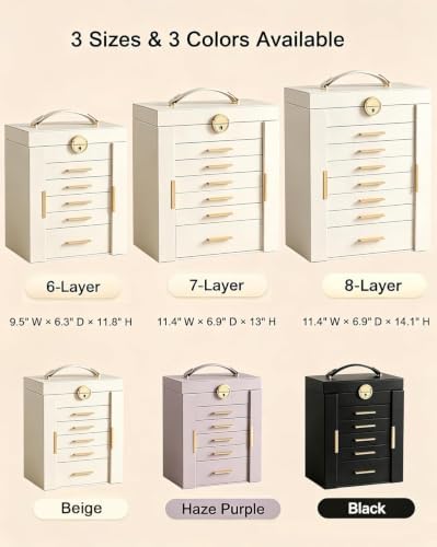 Lolalet Large Jewelry Box, 7-Layer Jewelry Organizer with 6 Drawers -Beige