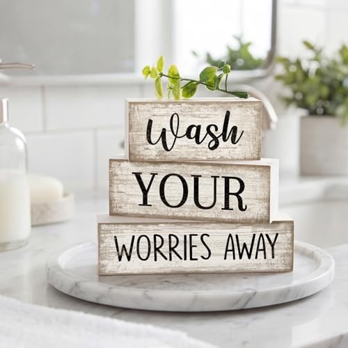 Moucuny 3 Pcs Laundry Room Decor Wood Block Signs Wash Your Worries Away