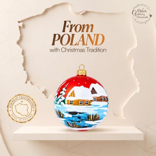 Polish Hand Blown Glass Christmas Ornaments Ball, Cottage Red Blue 5 in