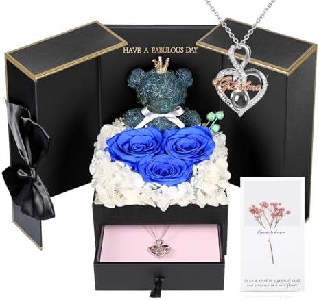 ADDWel Birthday Grandma Gifts, 925 Sterling Silver Grandma Necklace with Blue Preserved Real Roses & Teddy Bear, Birthday Gifts for Grandmother, Nana Gifts, Unique Jewelry Gift Box for Grandmother, Anniversary Presents