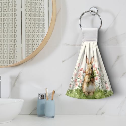 Easter Bunny Hanging Kitchen Towels Easter Rabbit Pink Tulip Flowers Hand Towels with Hanging Loop Spring Holiday Dish Towel Soft Absorbent Fingertip Bath Tie Towel Set of 2