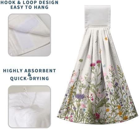 Wildflower Floral Hanging Hand Towels Set of 2 Spring Summer Vintage Flower Kitchen Towels with Hanging Loop Rustic Garden Herbs Plants Dish Towels Soft Absorbent Bath Tie Towel for Farmhouse Decor