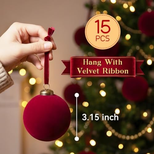 15 Pcs Red Velvet Christmas Ball Ornaments,3.15 Christmas Hanging Ornaments