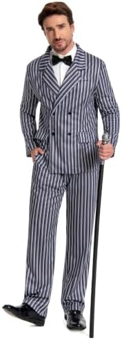 Men's 1920s Gangster Costume 3-Piece Set, Black White Striped Zoot Suit Gothic Family Halloween Cosplay M-XXL