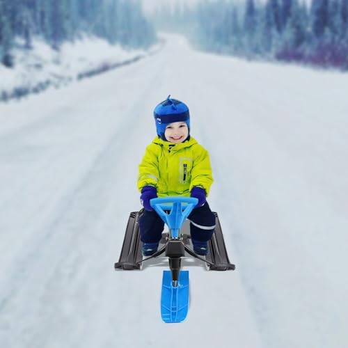 Snow Racer Sled, Snow Sledge with Steering Wheel, Twin Brakes, Snow Sled for Teens Kids Age 3-15, Ski Sled Slider Board for Skiing, Ice Skating, Sand Skating Blue