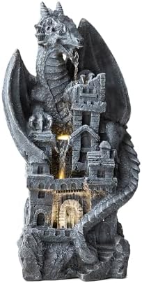 Glitzhome 37"H 4 Tiers Resin Waterfalls Water Fountain, Mystical Gothic Dragon Perched Atop The Castle Sculptural with Pump & LED Light Indoor Outdoor Floor Fountain for Garden Patio Backyard Decking