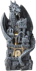 Glitzhome 37"H 4 Tiers Resin Waterfalls Water Fountain, Mystical Gothic Dragon Perched Atop The Castle Sculptural with Pump & LED Light Indoor Outdoor Floor Fountain for Garden Patio Backyard Decking