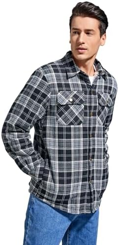 Men's Sherpa Cotton Flannel Shirt Jacket Plaid Button Coat Pocket
