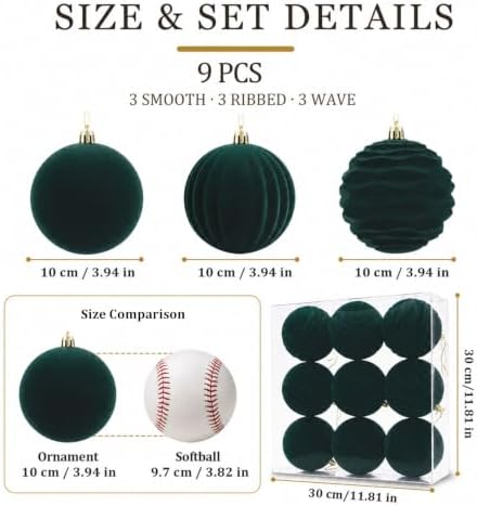 9Pcs Green Velvet Christmas Ornaments 3.94In Balls for Christmas Tree Deco