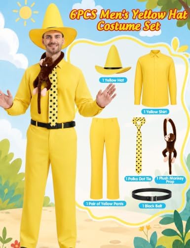 Men Yellow Hat Costume 6PCS Adult Suit with Plush Monkey for Halloween