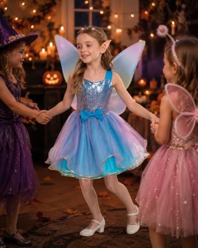 JoyRapt Fairy Costume Dress for Girls 3-10, Fairy Princess Pink Tutu Outfits Butterfly Wings Wand Headband Halloween Gifts