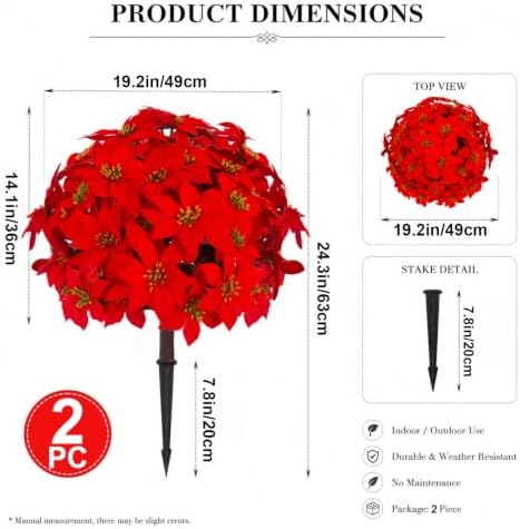 Daynight 2Pcs Artificial Poinsettia Plants with Stakes Outdoor, 24 Inch Red
