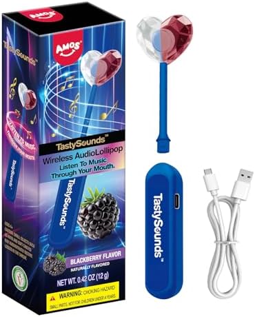 Amos TastySounds Wireless Audio Music Lollipop - Bone Conduction Music Lollipop with Natural Blackberry Flavor, Private Listening Experience, Premium Gift Packaging for Tech Lovers & Adults (1 Pack)