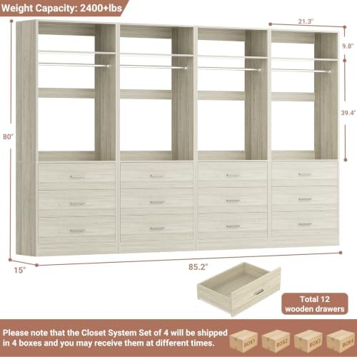 Besiost Closet Systems with 12 Wood Drawers, Closet System Set of 4