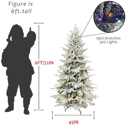 YUNKE 6FT Prelit Flocked Christmas Tree with Fluffy Tips & 9 Lighting Modes