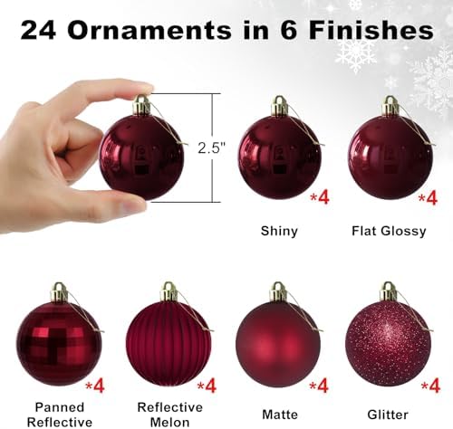 Maroon 2.5" Christmas Balls Christmas Tree Decoration Ornaments Shatterproof Hanging Balls for Birthday Halloween Holiday Wedding Decorations Set of 24pcs