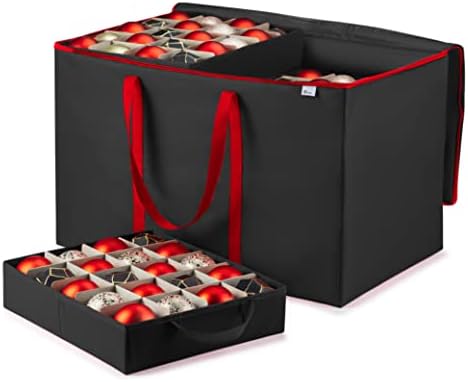Premium Large Carrying Christmas Ornament storage Box with Clear Lid, 3" Compartment, Contains 10 Trays, Keeps 200 Holiday Ornaments & Xmas Accessories, Made Of Tear Proof Made Of 600D Oxford Fabric