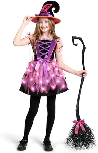 Spooktacular Creations Girls Light Up Witch Costume, Kids Witch Costume with Hat and Broom for Toddler Halloween Dress Party