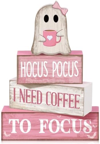 Moucuny 4 Pcs Pink Halloween Table Decor Ghost Wooden Stacked Block Decor