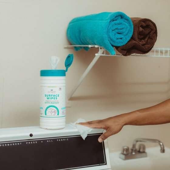 Juniper CLEAN 4 Pack Surface Cleaning Wipes with Bleach, All-Purpose Cleaner for Bathroom, Kitchen, Office, 300 Count Canister, 7.5" x 7" Sheet, Fresh Scent, Lint Free & Durable