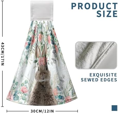 Bunny Eucalyptus Leaves Flowers Easter Kitchen Towels with Hanging Loops Spring Holiday Decoration Rabbit Floral Hanging Hand Towels Set of 2 Dish Towel Soft Absorbent Bath Tie Towels