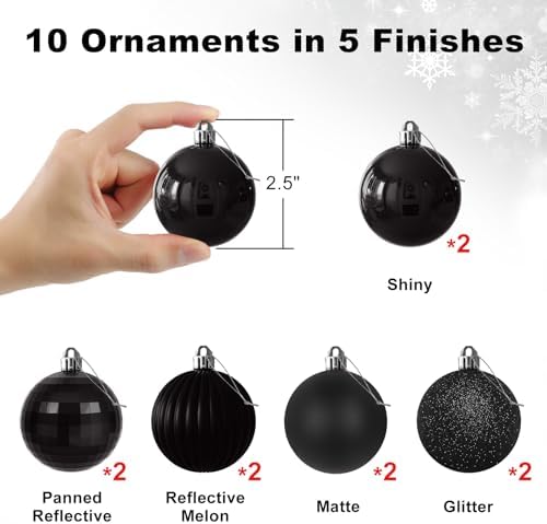 Black 2.5" Christmas Balls Christmas Tree Decoration Ornaments Shatterproof Hanging Balls for Birthday Halloween Holiday Wedding Decorations Set of 10pcs