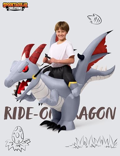 Spooktacular Creations Kids Inflatable Costumes, Ride on Dragon Inflatable Costume, Gray Dinosaur Blow up Outfit