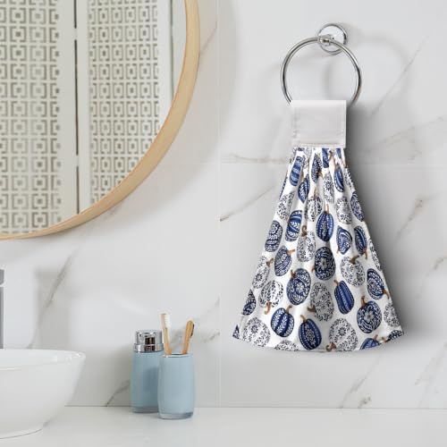 Fall Blue White Pumpkin Kitchen Towels with Hanging Loop Autumn Thanksgiving Chinoiserie Pumpkins Hanging Hand Towels Set of 2 Seasonal Dish Tie Towel Soft Absorbent Bath Towel